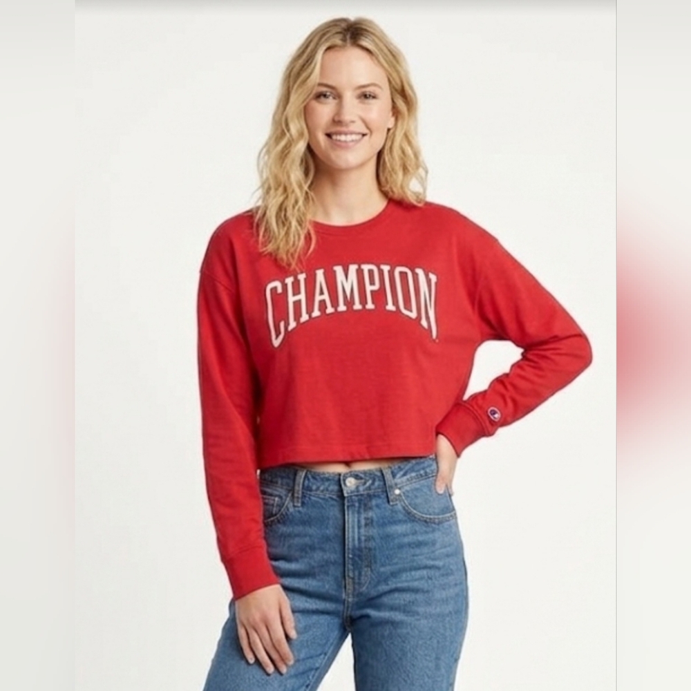 Champion Red Cropped Crew Sweatshirt with Arch Logo size: XL